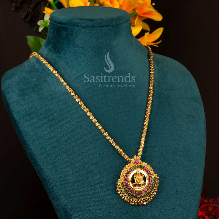 Multi-colored AD stones embellish the Lakshmi motif on this 30-inch Dasavatharam gold-plated chain - Sasitrends