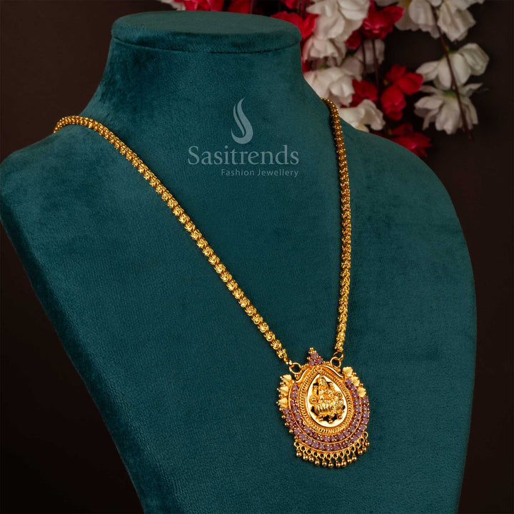 Stunning Lakshmi motif pendant necklace in rich ruby tone with micro gold polish – ideal bridal jewellery for temple wear and sacred celebrations – Sasitrends
