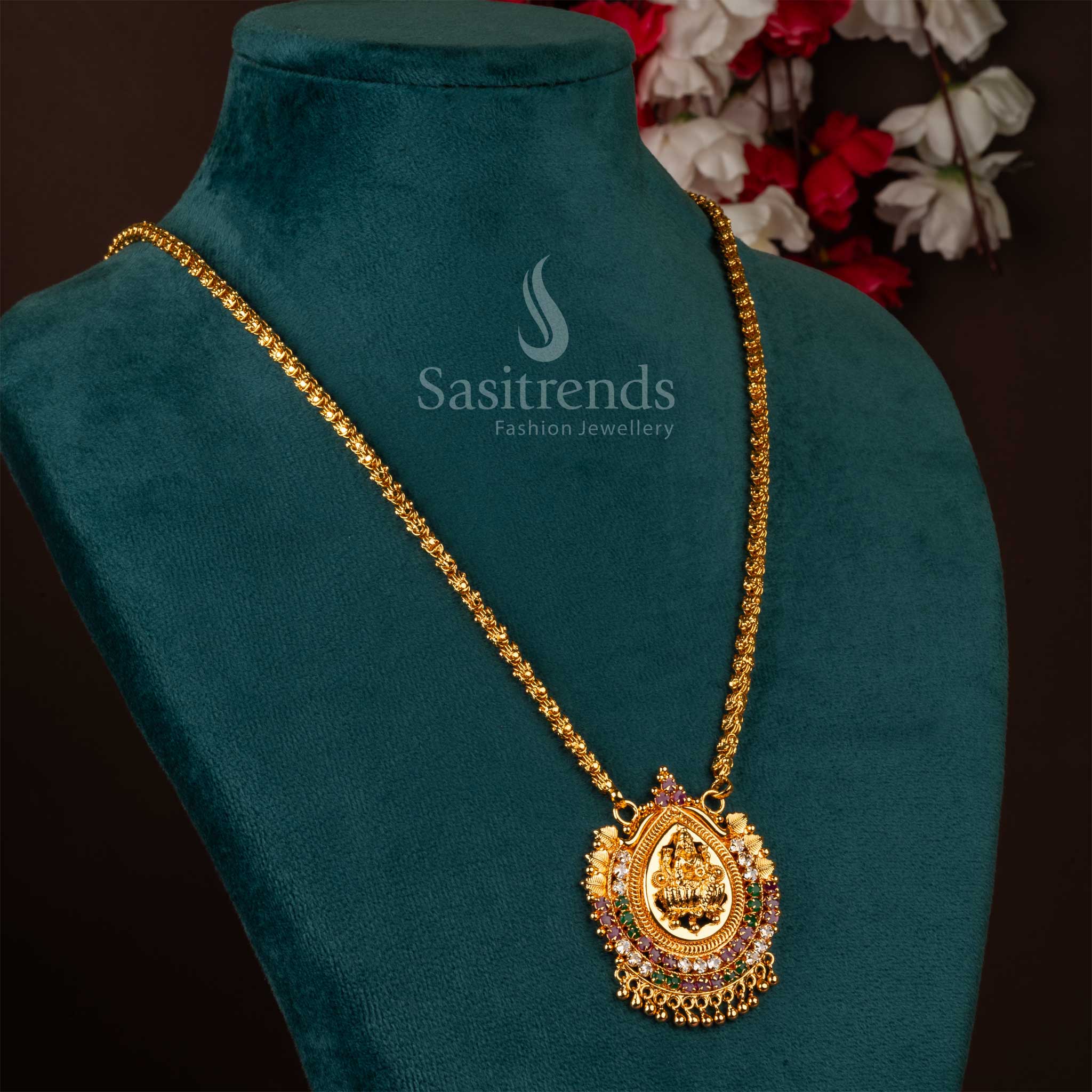 Elegant Pendant Dollar Chain Necklace adorned with multi-colored AD stones and Lakshmi motif - Sasitrends