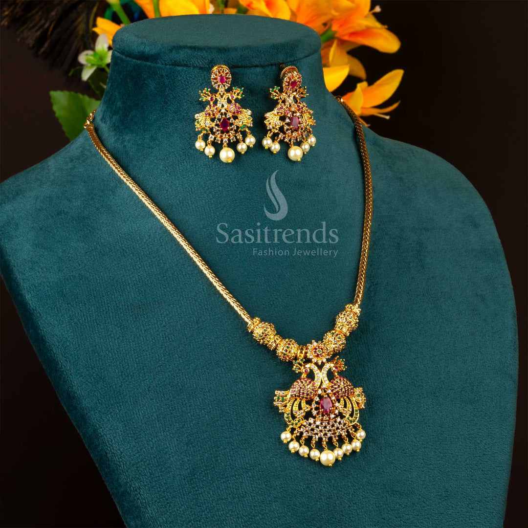 Micro Gold Plated Peacock Pendant Necklace Set with Earrings showcasing AD Stones - Sasitrends