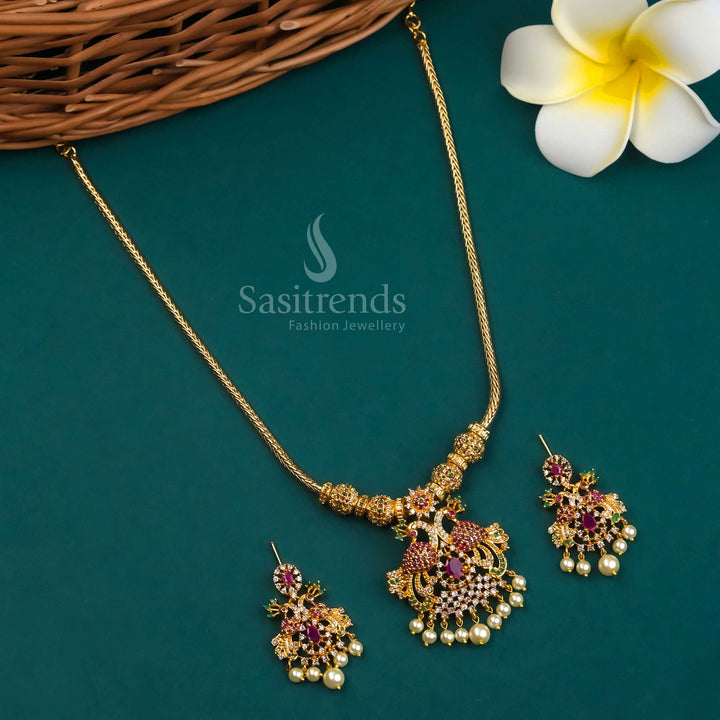 Latest Micro Gold Plated Peacock Pendant American Diamond Jewellery Set | Sasitrends - Sasitrends