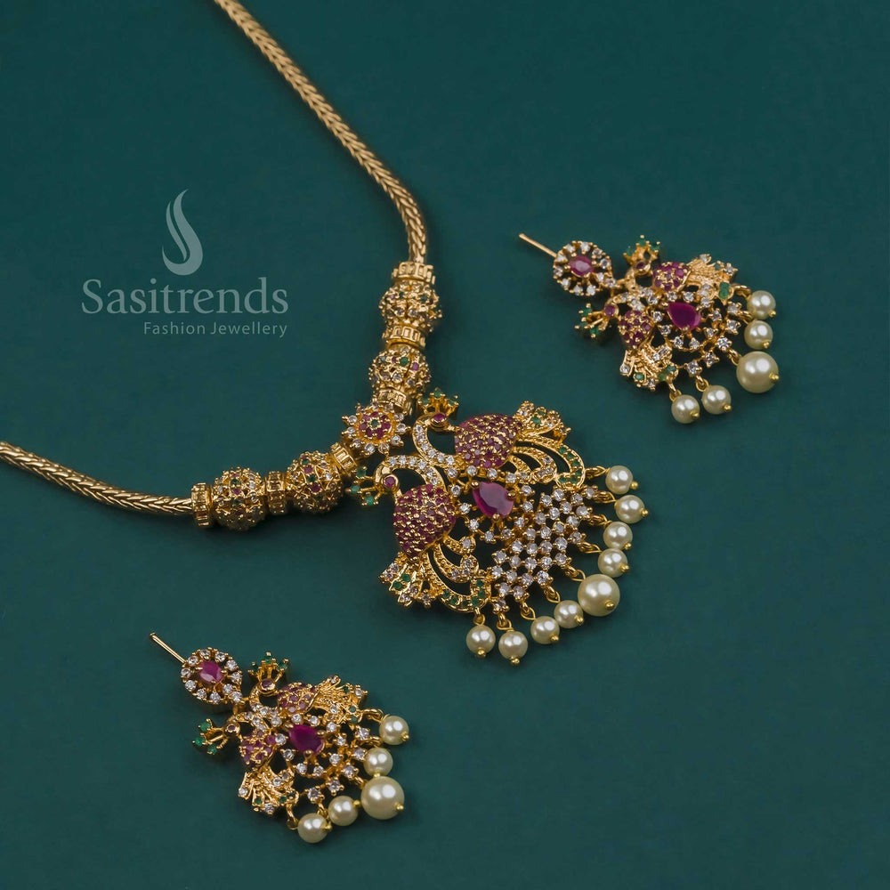 Captivating Micro Gold Plated Peacock Pendant Necklace Set with Earrings showcasing American Diamond Stones in a Multicolored array - Sasitrends