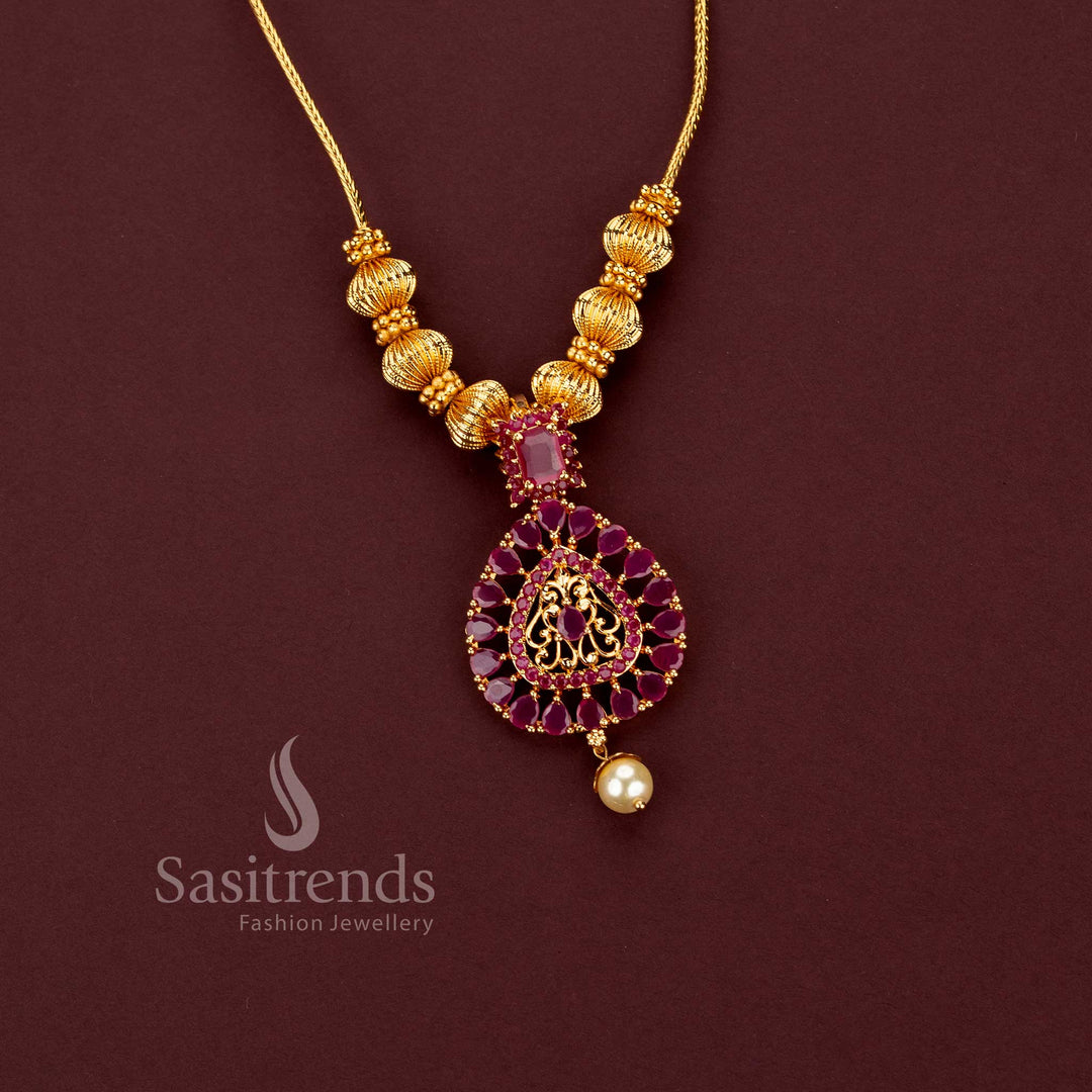 One Gram Micro Gold Plated Ruby AD Stone Pendant Chain for Women - Sasitrends