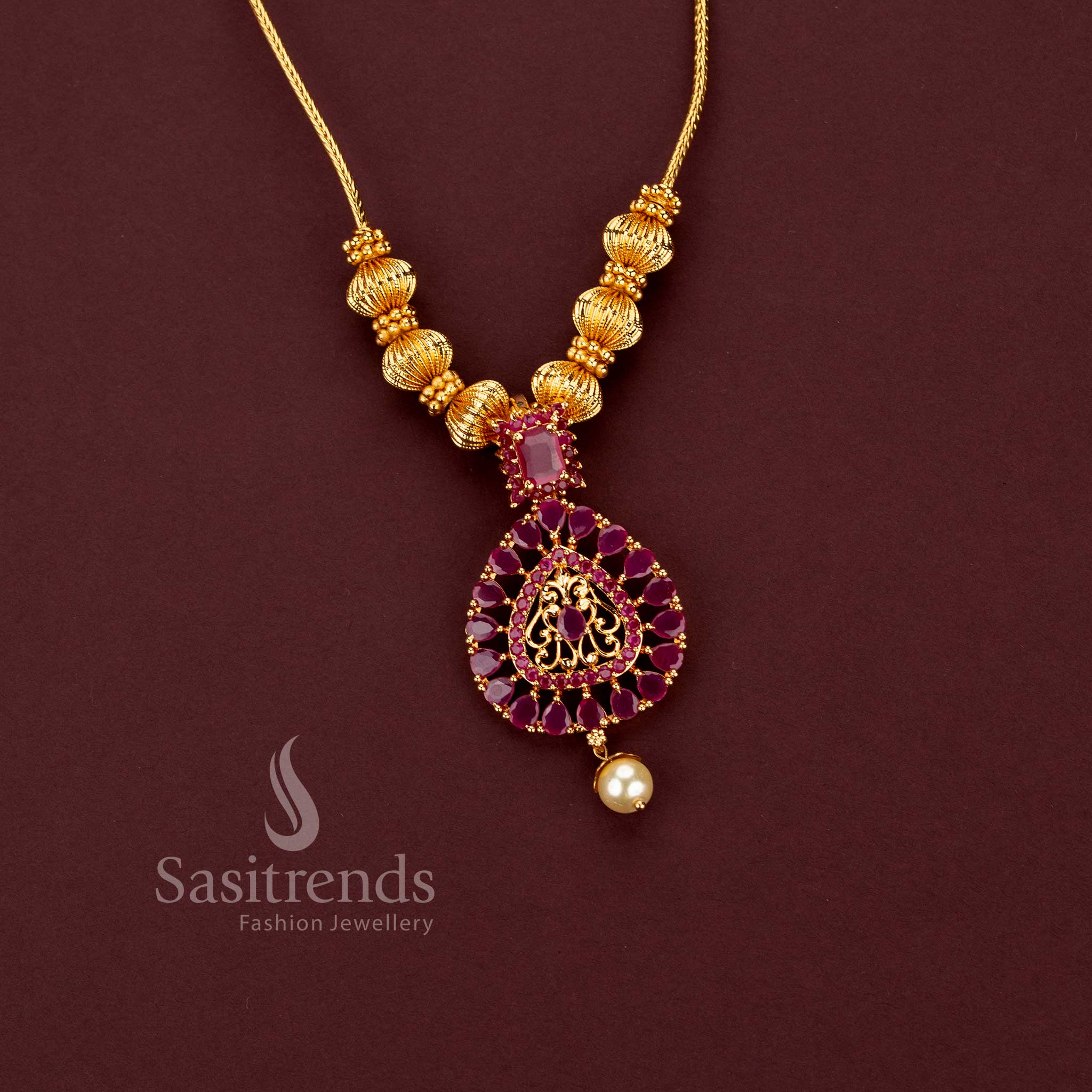 One Gram Micro Gold Plated Ruby AD Stone Pendant Chain for Women - Sasitrends