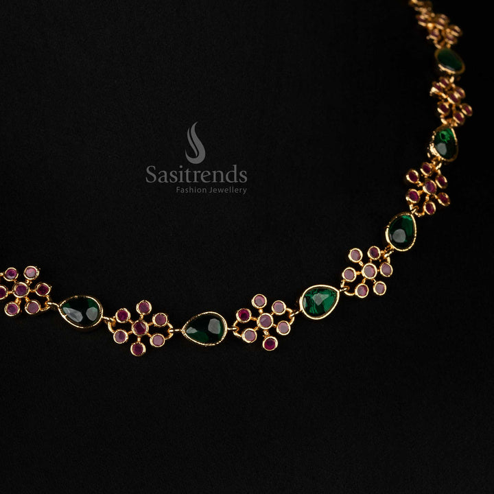Opulent designer micro gold plated necklace featuring a delicate floral pattern, sparkling ruby-green gemstone accents - Sasitrends