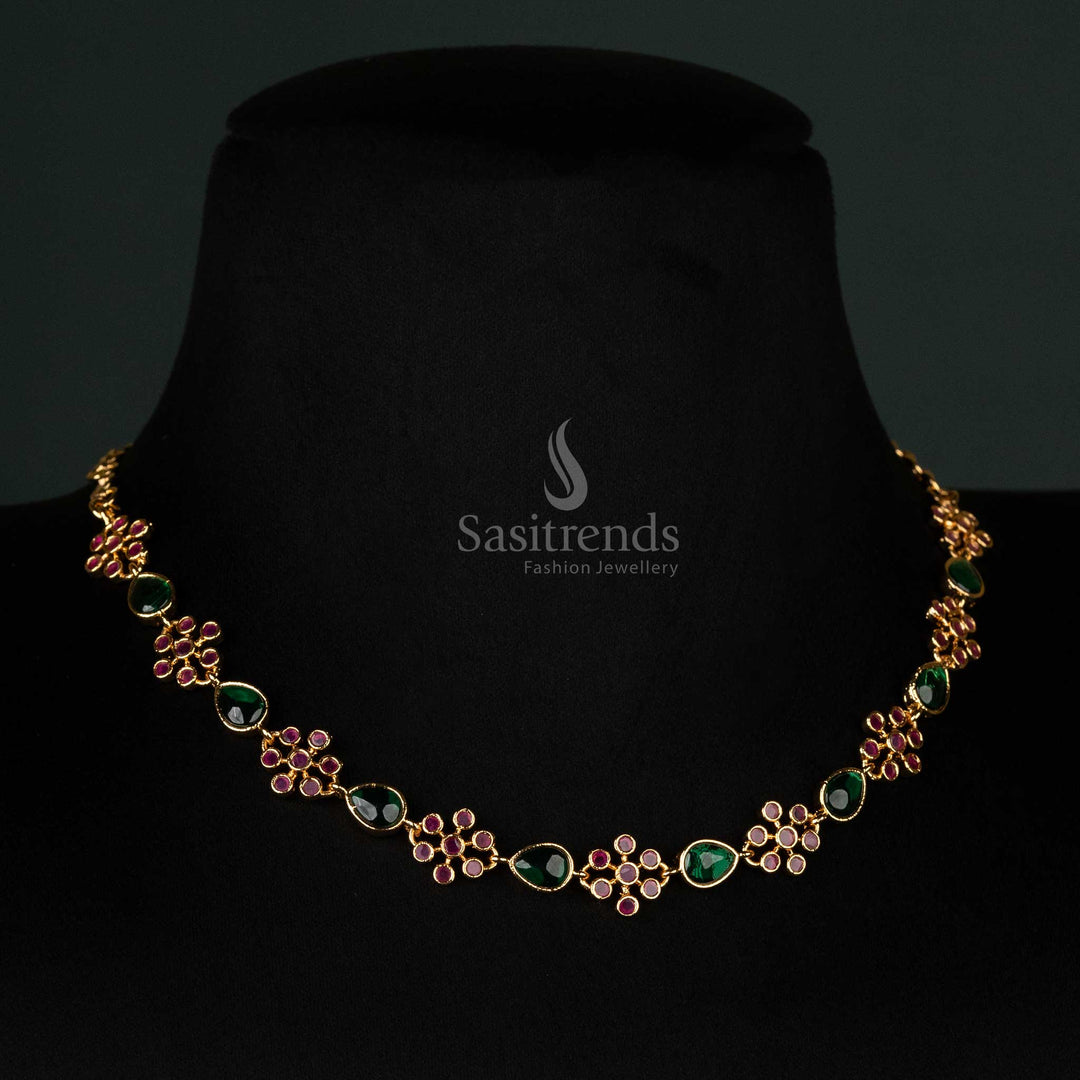 Radiant traditional micro gold plated necklace showcasing an intricate floral motif, ruby-green kundan stonework, and a timeless design for ethnic and festive occasions - Sasitrends