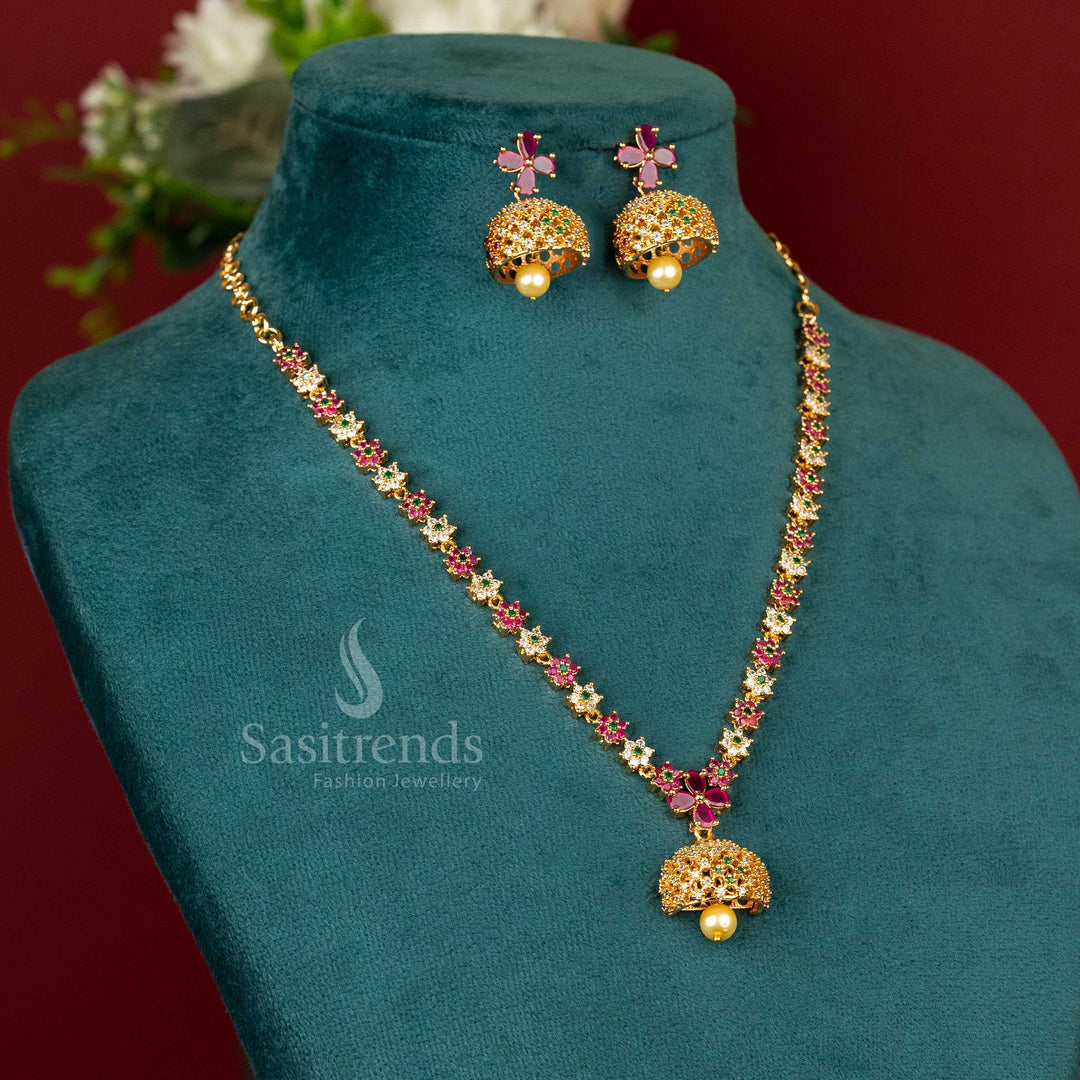 Mesmerizing Bell Jhumka Necklace Set with Multicolor Stones and Micro Gold Plating - Sasitrends