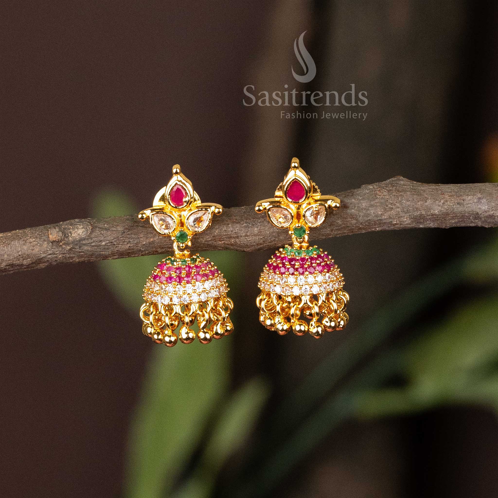 Vibrant multicolour Jhumka earrings with a micro gold polished dome and vivid Kemp stones – A joyous piece of festive wear traditional jewellery for women – Sasitrends