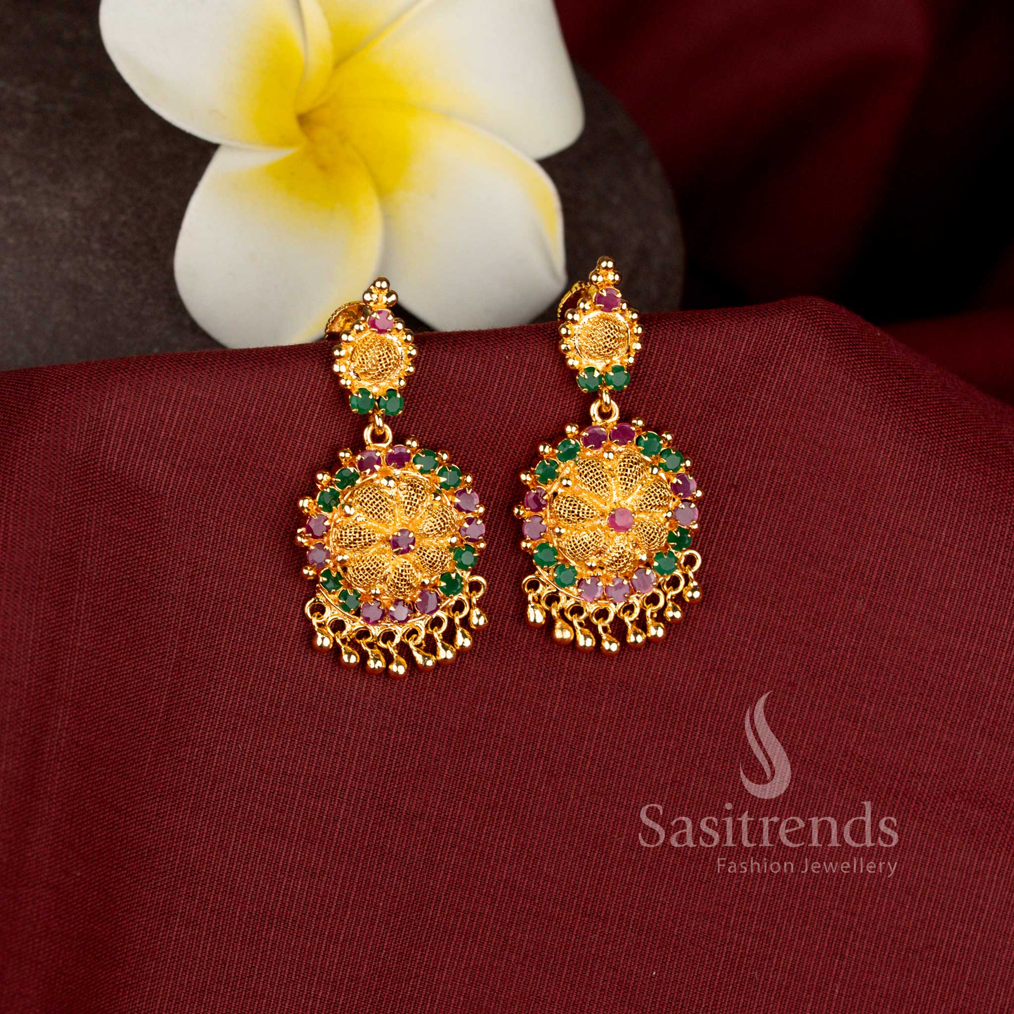 Ruby-Green Guaranteed One Gram Gold Plated Floral Earrings