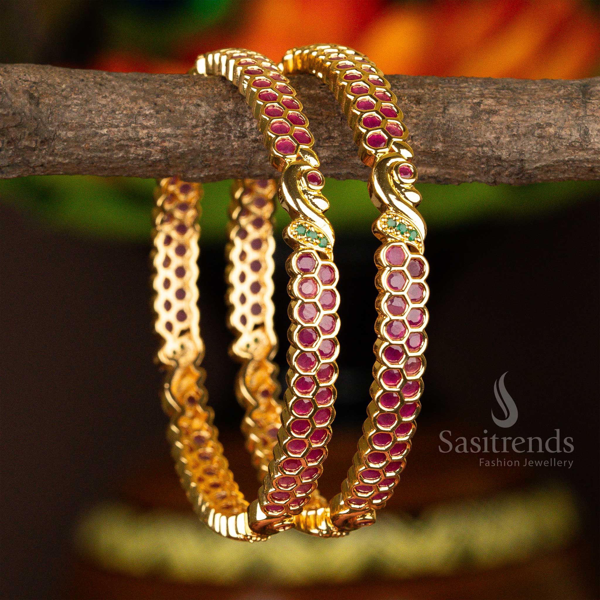 Exclusive micro gold-plated bangles with ruby green American diamond stones, a designer fashion women’s ethnic jewellery - Sasitrends