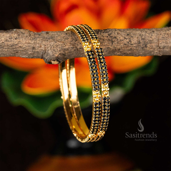 Traditional Wear Guaranteed Micro Gold Plated Center Diamond Shaped Black Two Line AD Stone Studded Bangles Sasitrends Online Shopping