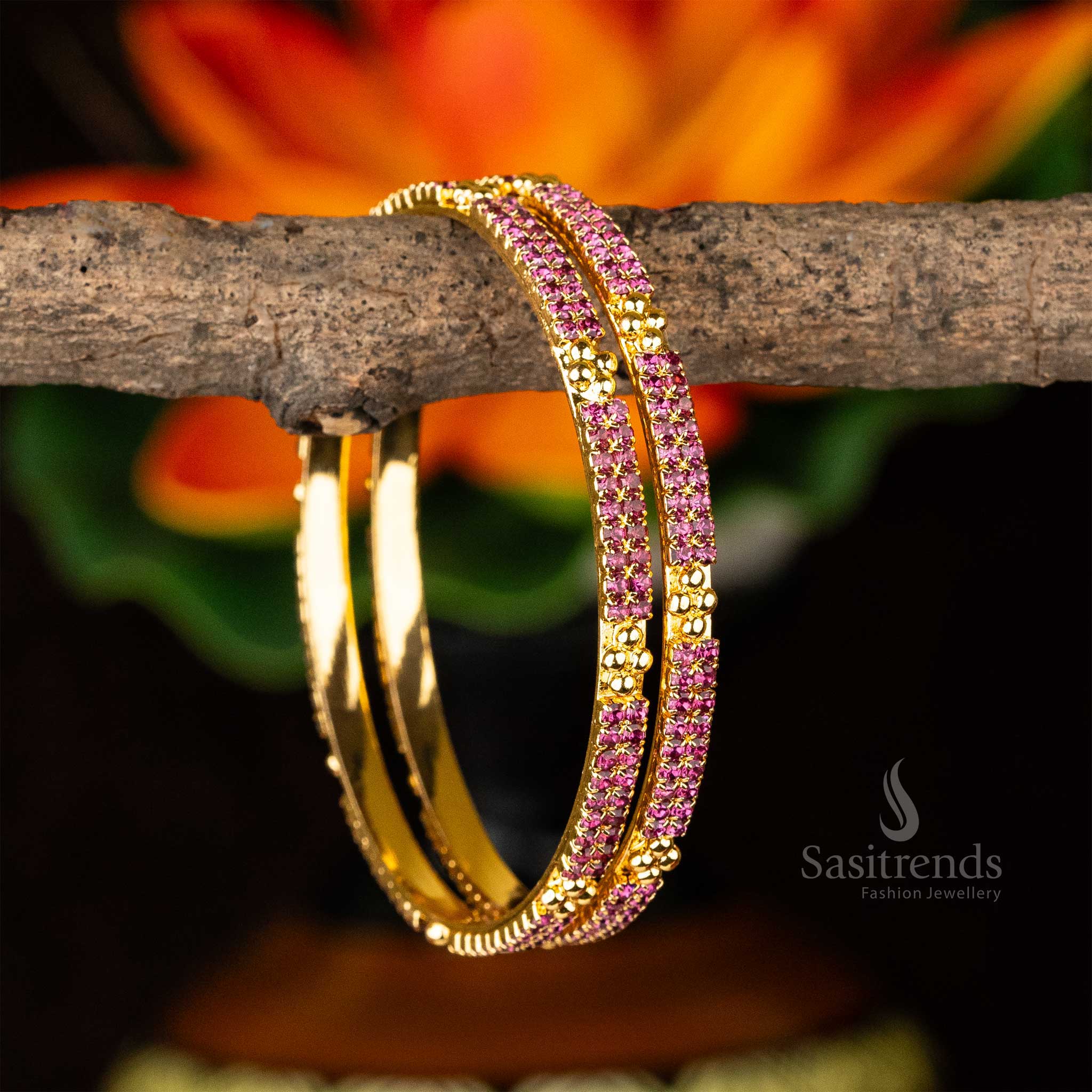 Attractive Guaranteed Micro Gold Plated Center Diamond Shaped Pink Two Line AD Stone Studded Bangles Sasitrends Online Shopping