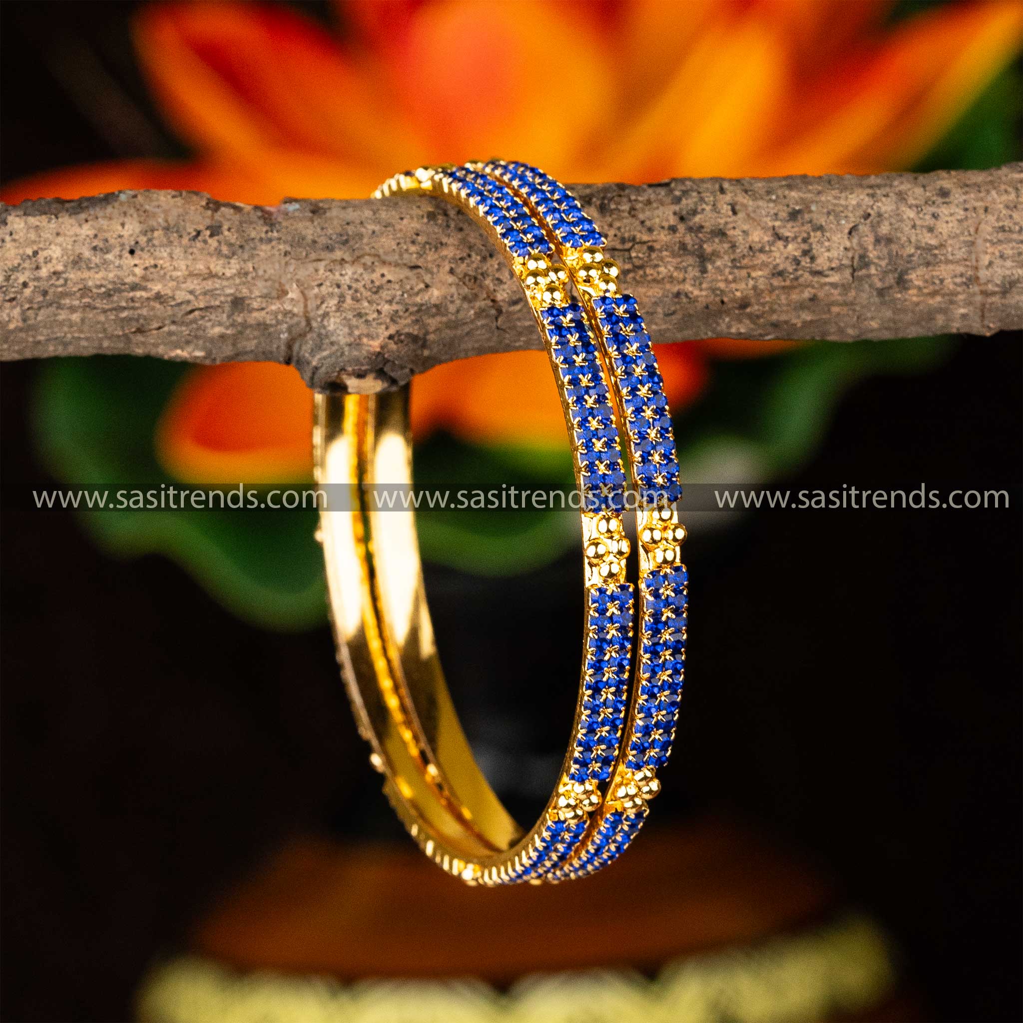 Temple Wear Guaranteed Micro Gold Plated Center Diamond Shaped Blue Two Line AD Stone Studded Bangles Sasitrends Online Shopping