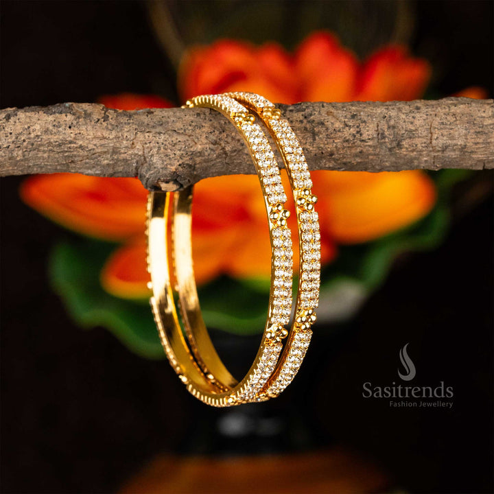 Guaranteed Micro Gold Plated Center Diamond Shaped White Two Line AD Stone Studded Bangles Sasitrends Online Shopping
