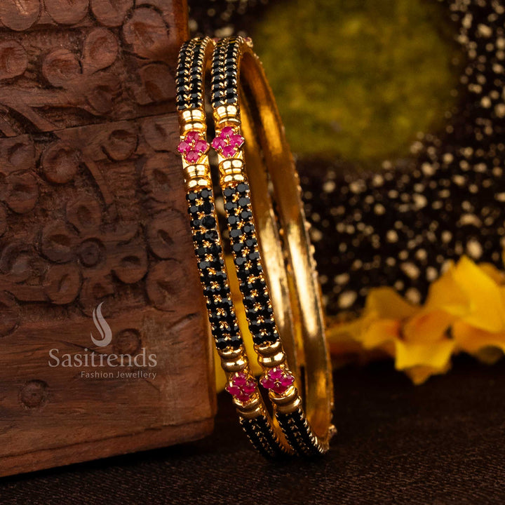 A stunning one gram micro gold-plated black ruby para stones bangles pair, crafted with a classic and timeless jewellery design - Sasitrends