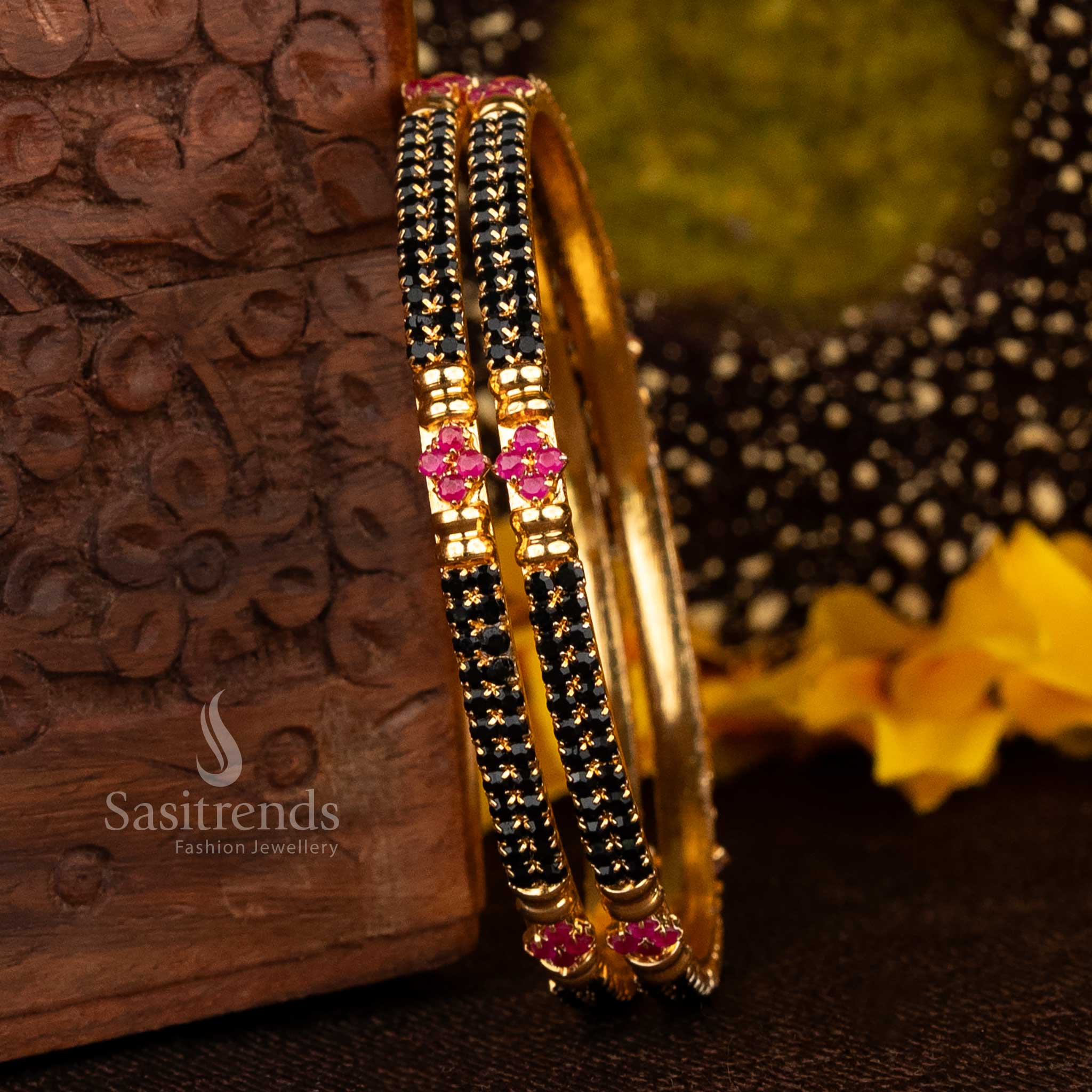 Guaranteed 24k micro gold-plated black ruby para stones bangles pair, crafted with a classic and timeless jewellery design - Sasitrends