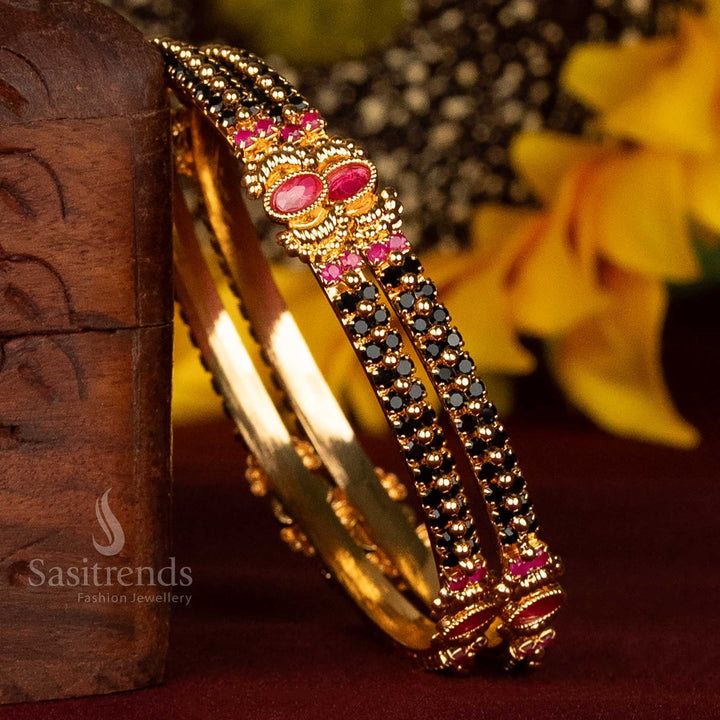 Enchanting One Gram Micro Gold Plated Traditional Para Stone Bangles with Twin Oval Center Design –Guaranteed Festive Wear - Sasitrends