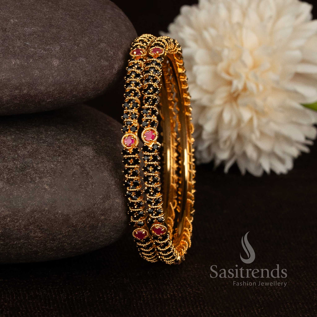 Gorgeous para stone cluster micro gold plated bangles with flower bud accents - Sasitrends