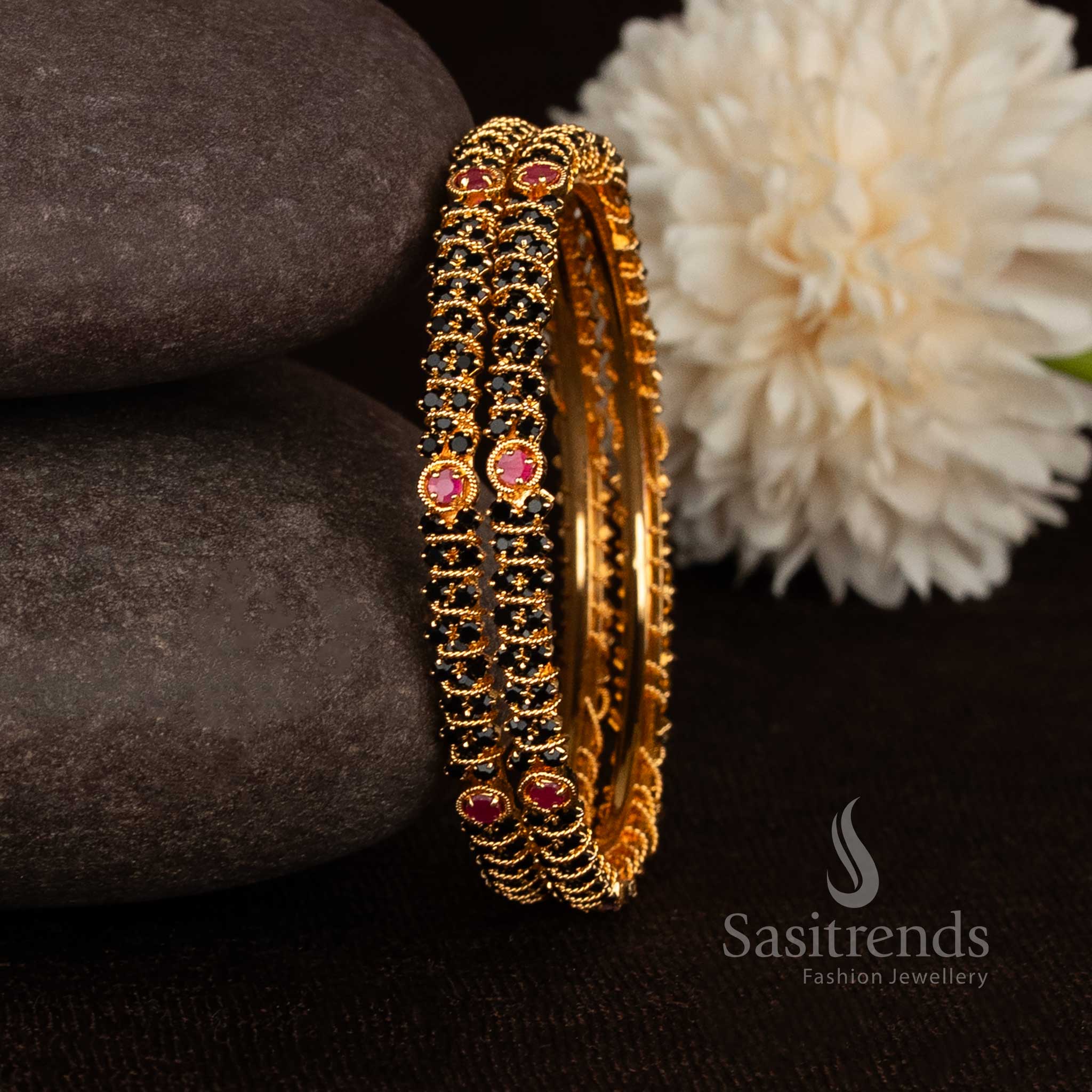 Gorgeous para stone cluster micro gold plated bangles with flower bud accents - Sasitrends