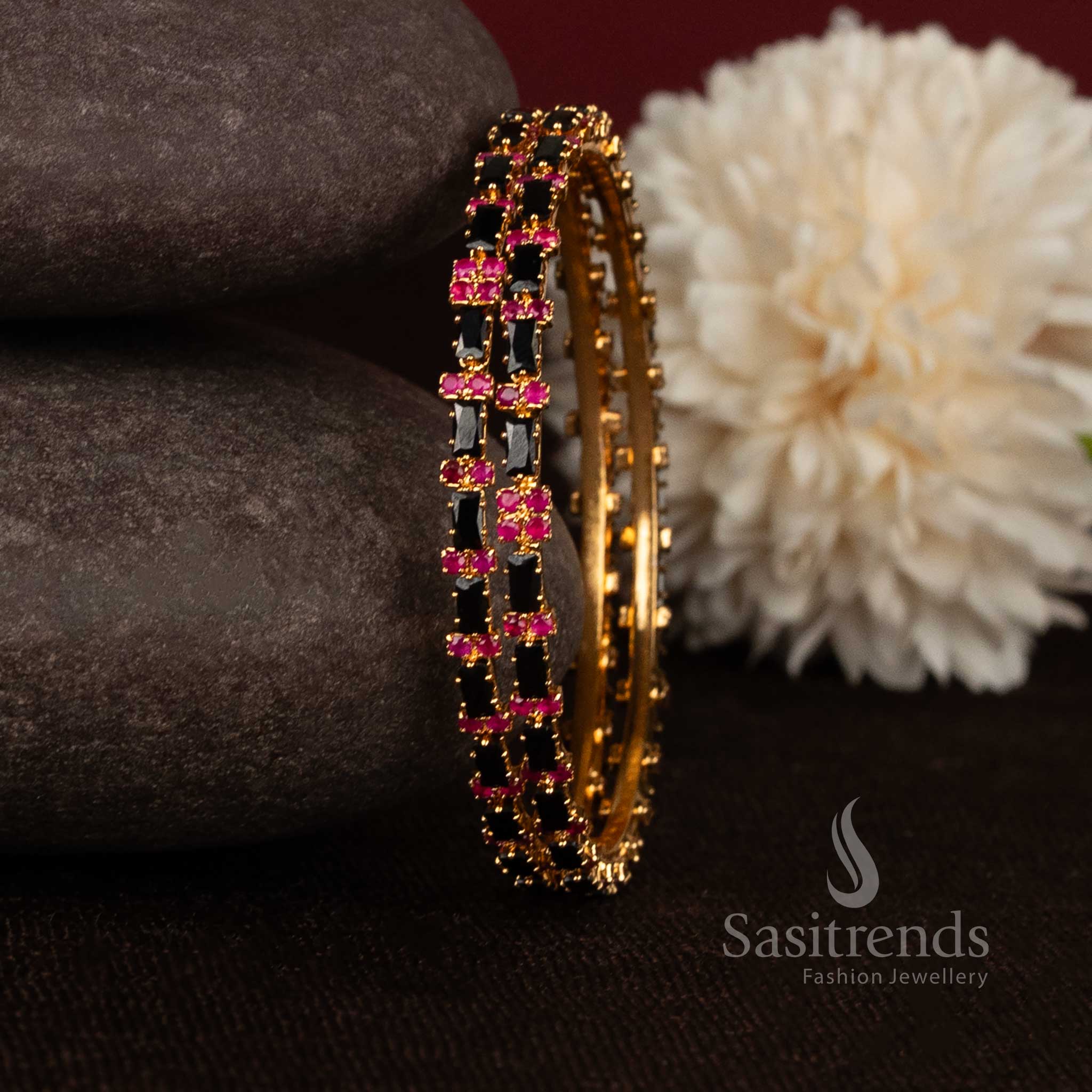 Gorgeous rectangle blossom link micro gold plated bangles with geometric para stones - Sasitrends