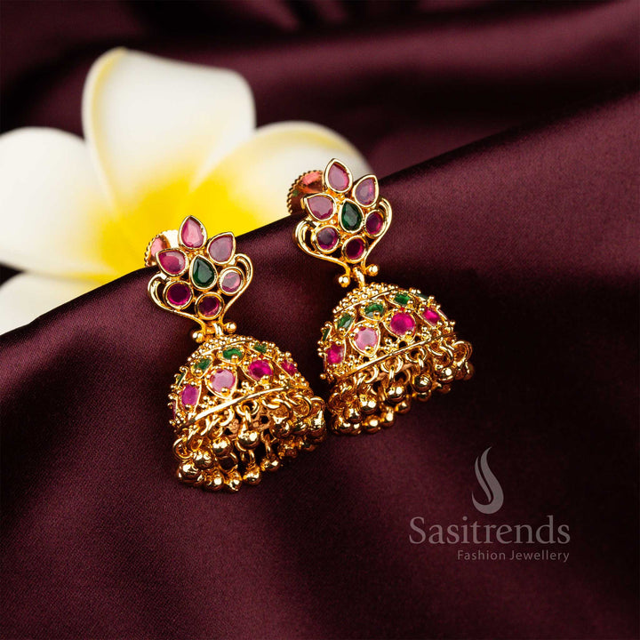 Beautiful Traditional Wear Micro Gold Plated Flower Designer Jhumkas Earrings