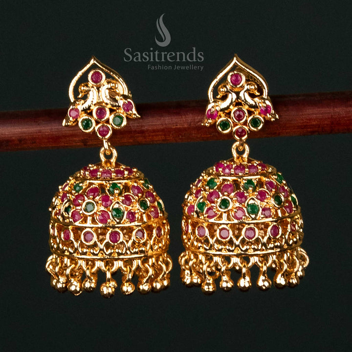 Attractive Micro Gold-Plated Traditional Jhumka Earrings with AD Stones