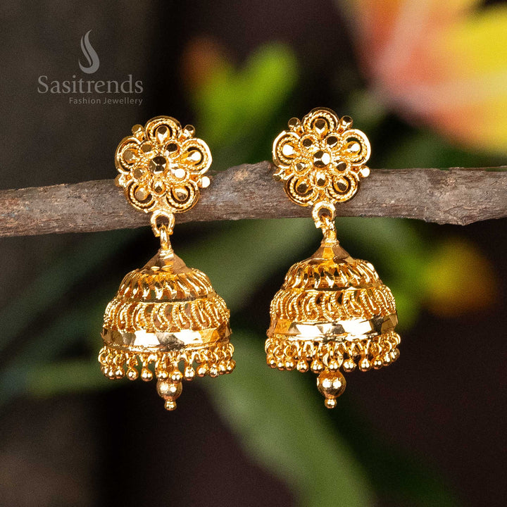 Beautiful filigree-style micro gold plated ethnic jhumka earrings with pearl drops, designed for timeless elegance - Sasitrends