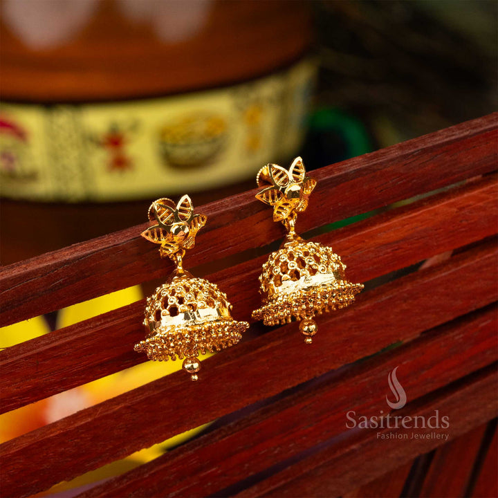 Majestic kundan-studded micro gold plated heritage jhumka earrings with intricate detailing for a royal ethnic look - Sasitrends