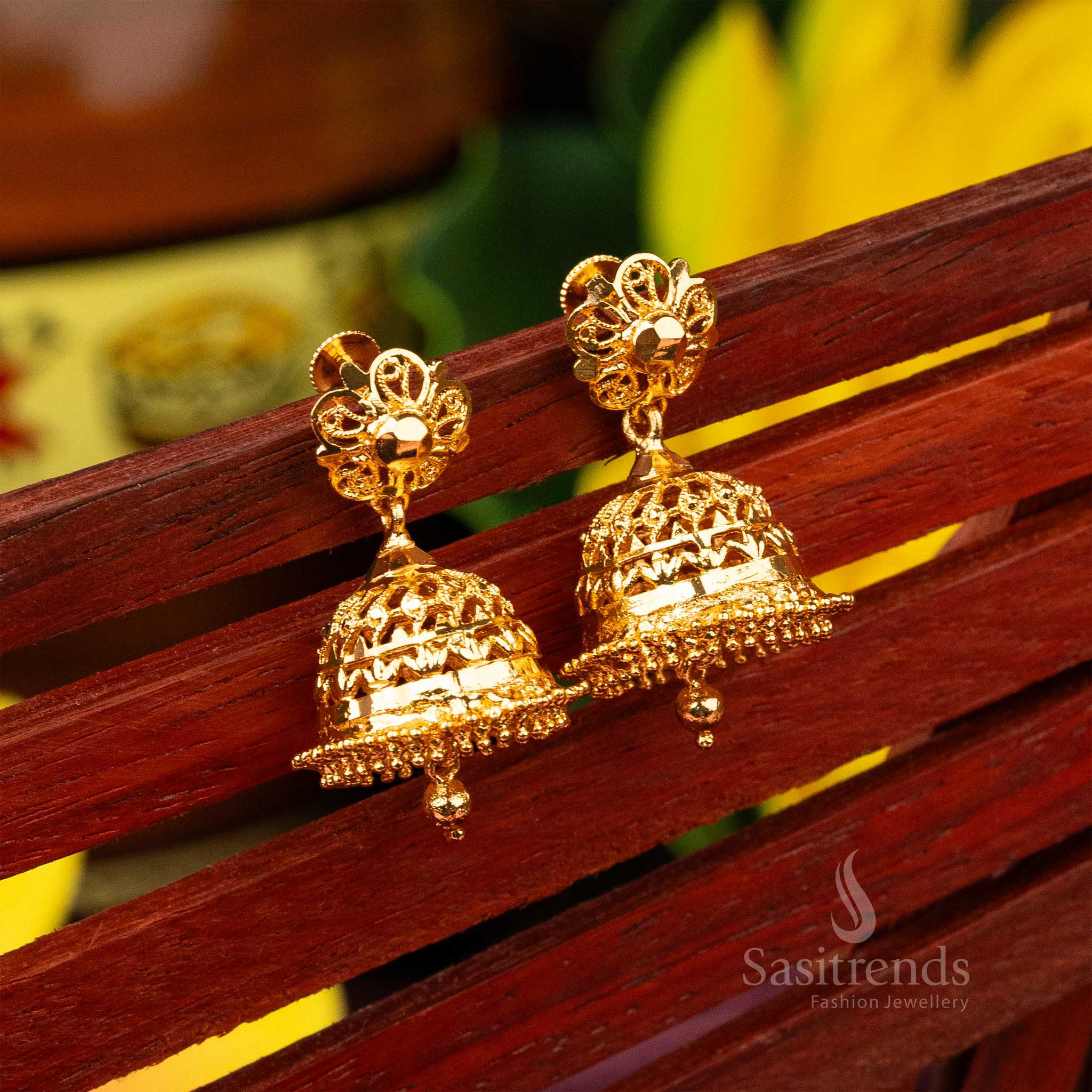Traditional South Indian micro gold plated bridal jhumka earrings with rich detailed artwork for a luxurious touch - Sasitrends