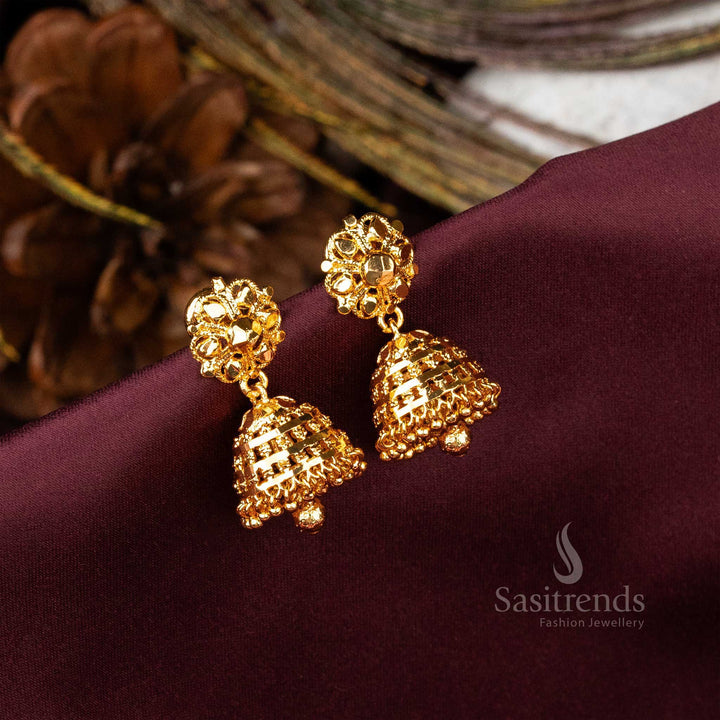 Graceful pearl-studded micro gold plated long hanging jhumkas featuring ornate intricate patterns for a refined traditional look - Sasitrends