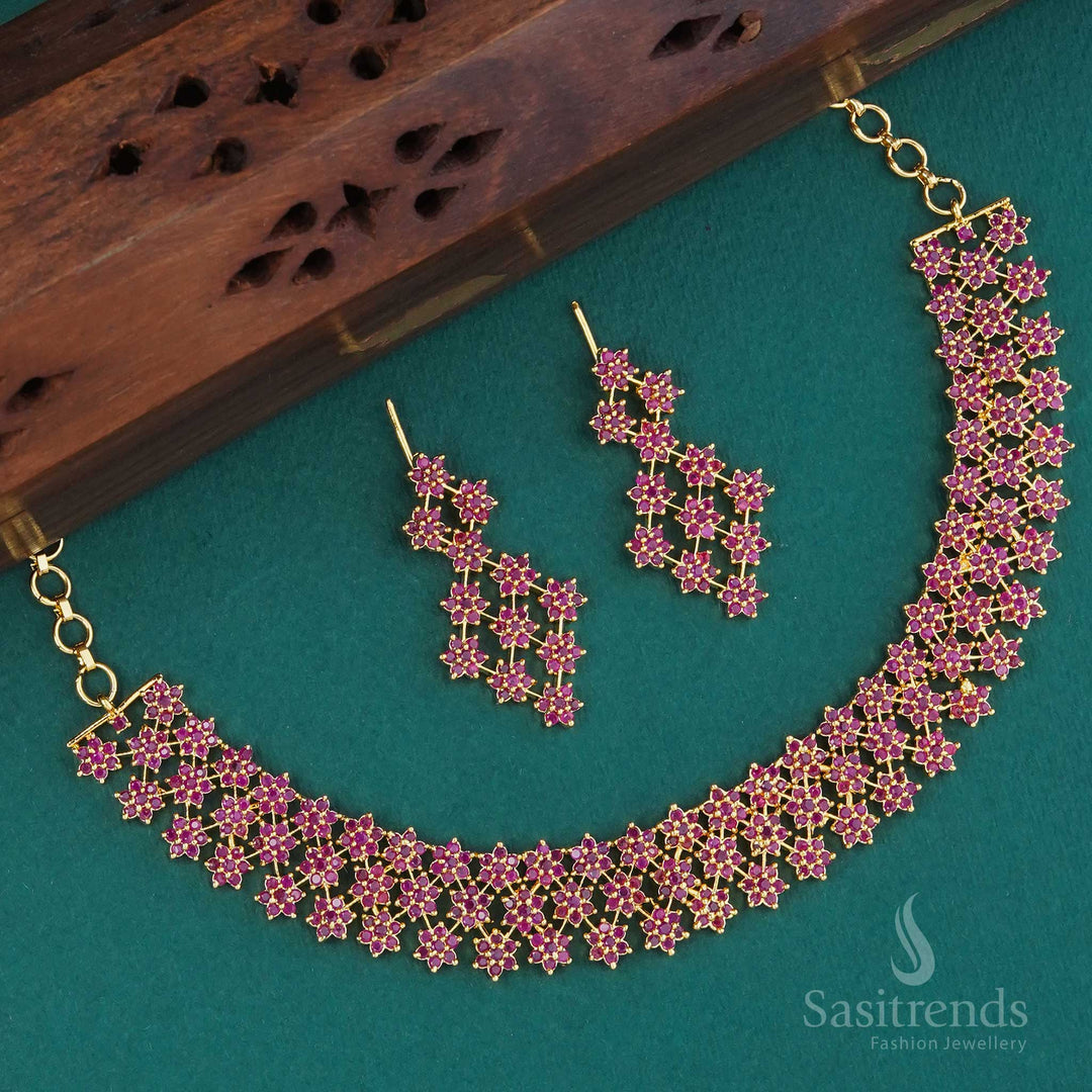 Elegant micro gold plated ruby necklace jewellery set designed with shimmering American diamond star motifs, exuding bridal sparkle and rich traditional appeal for festive wear – Sasitrends