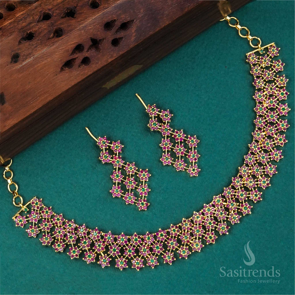 Dual shade ruby-green micro gold plated necklace jewellery set adorned with American diamond stars and a floral glow, designed for ethnic grandeur and festive dressing – Sasitrends