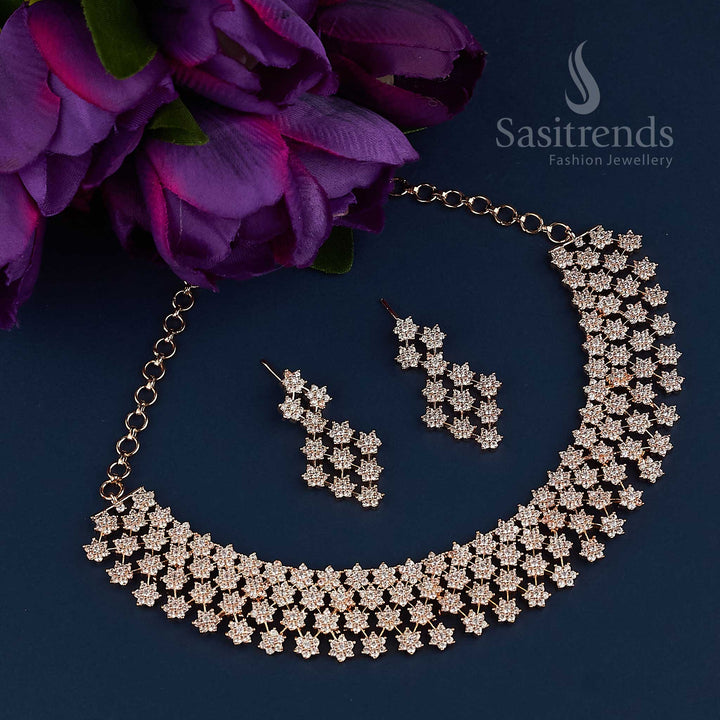 Shining Stars Rhodium Silver And Rose Gold Tone American Diamond Jewellery Set - Exquisite Party Wear Jewellery for Women | Sasitrends