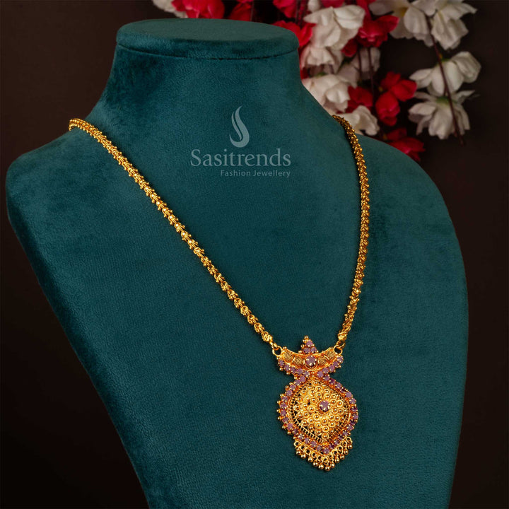 Majestic legacy in this ruby Dasavatharam pendant necklace reflects divine artistry, featuring sacred leaf motifs in a micro gold plated one gram finish – an ethereal piece of traditional goddess-inspired jewellery – Sasitrends