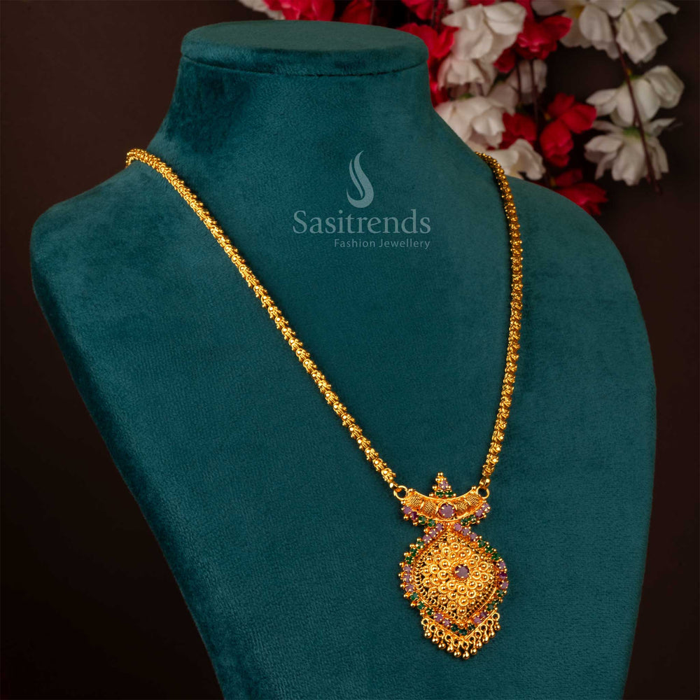 Eternal blessings shimmer in this traditional micro gold plated ruby-green necklace, showcasing Dasavatharam deities in intricate detail on a divine leaf pendant – perfect for festive temple jewellery wear – Sasitrends