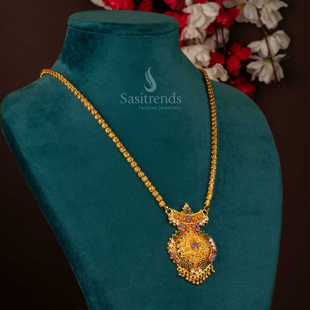 Sacred heritage shines through this multi-colour Dasavatharam pendant necklace, designed with vibrant stones and temple motifs, finished in micro gold plating for a one gram traditional jewellery feel – Sasitrends
