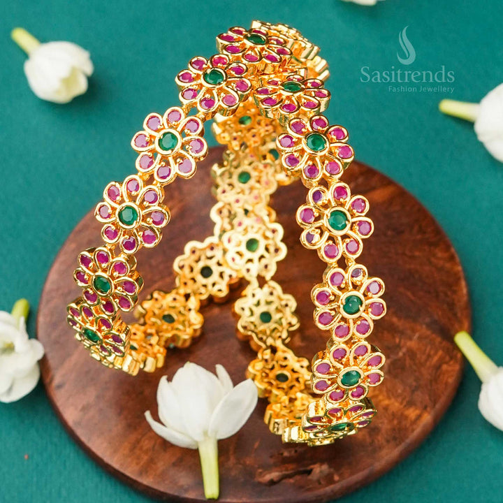 Exclusive bridal bangles, micro gold-plated with ruby green American diamond stones, classic finish for a royal traditional women’s jewellery collection - Sasitrends