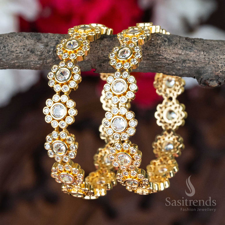 Traditional micro gold-plated white American diamond stones bangles, a classy ethnic jewellery piece for women, ideal for festive and party wear - Sasitrends