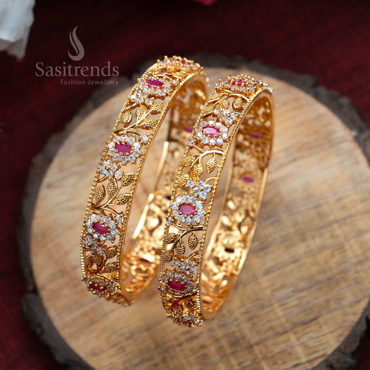 Trending traditional micro gold-plated white ruby American diamond stones bangles for women, elegant party wear jewellery with intricate craftsmanship - Sasitrends