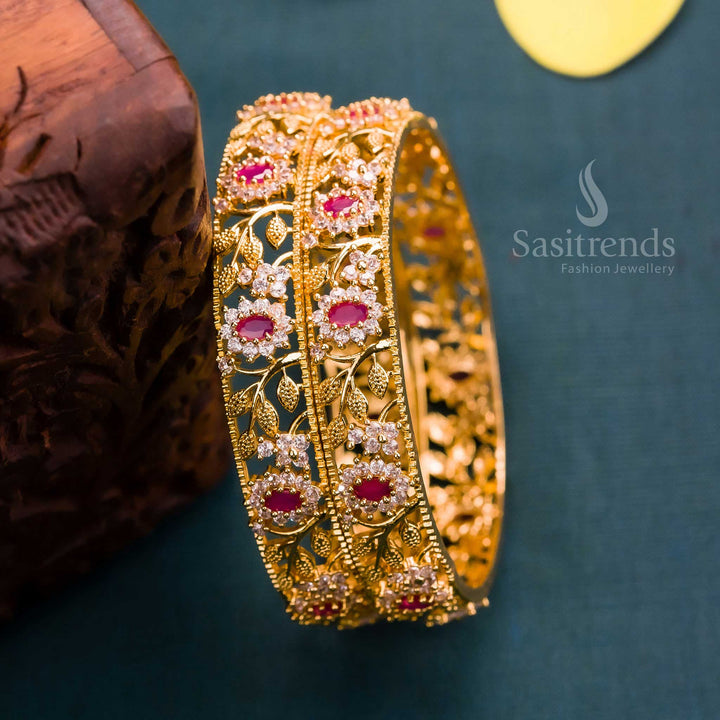 Designer white ruby bangles, micro gold-plated with American diamond stones, a trendy ethnic jewellery piece perfect for traditional and modern outfits - Sasitrends