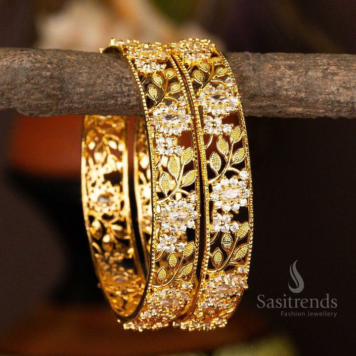 Handcrafted white American diamond bangles with micro gold polish, a stylish and fancy jewellery set for weddings and special occasions - Sasitrends