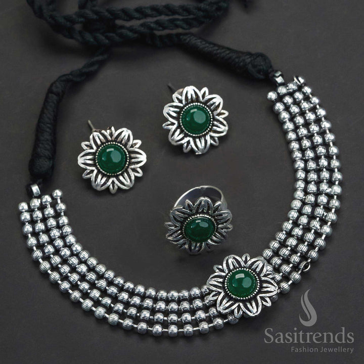 Graceful Green Stone Floral Choker Necklace - Oxidized German Silver Jewelry Combo Set - Sasitrends