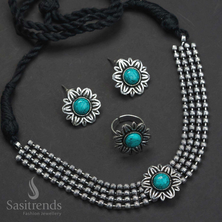 Timeless Turquoise Stone Floral Choker Necklace - Oxidized German Silver Jewelry Combo Set - Sasitrends