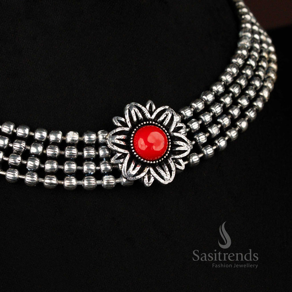 Boho-style oxidised silver layered choker with bold red stone necklace, matching stud earrings and ring, a tribal jewellery set perfect for festivals – Sasitrends