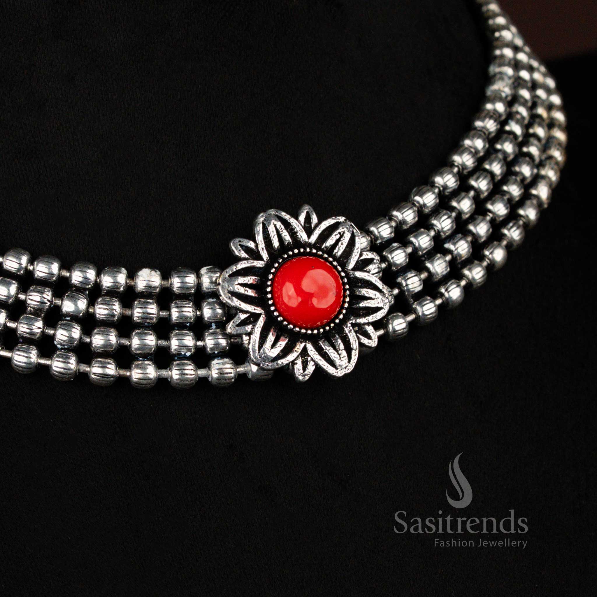 Boho-style oxidised silver layered choker with bold red stone necklace, matching stud earrings and ring, a tribal jewellery set perfect for festivals – Sasitrends