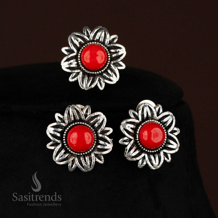 Antique-finish oxidised layered  adorned with vivid red stones, accompanied by earrings and a ring, an artisan-crafted jewellery set for traditional wear – Sasitrends