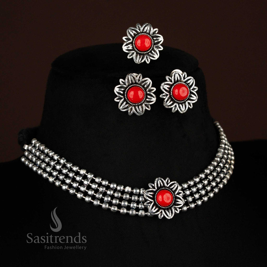 Boho-style oxidised silver layered choker with bold red stone necklace, matching stud earrings and ring, a tribal jewellery set perfect for festivals – Sasitrends