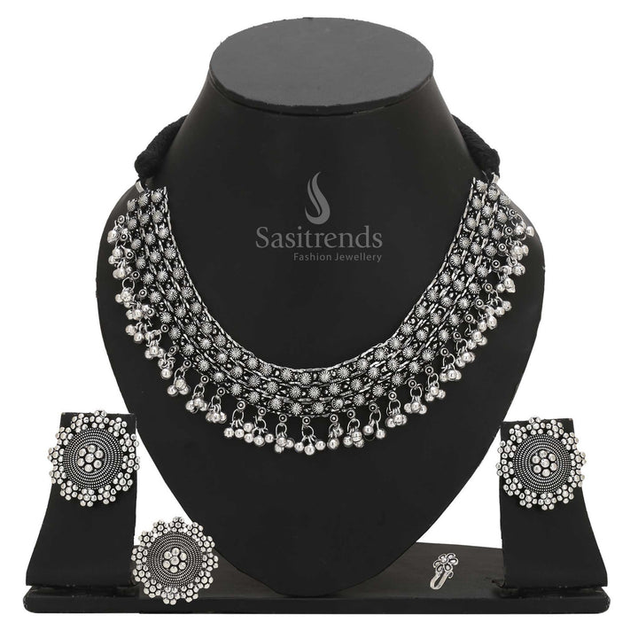 Sasitrends Exquisite Oxidised Combo Choker Jewellery Set - Traditional Necklace, Earrings, Nosepin, and Ring