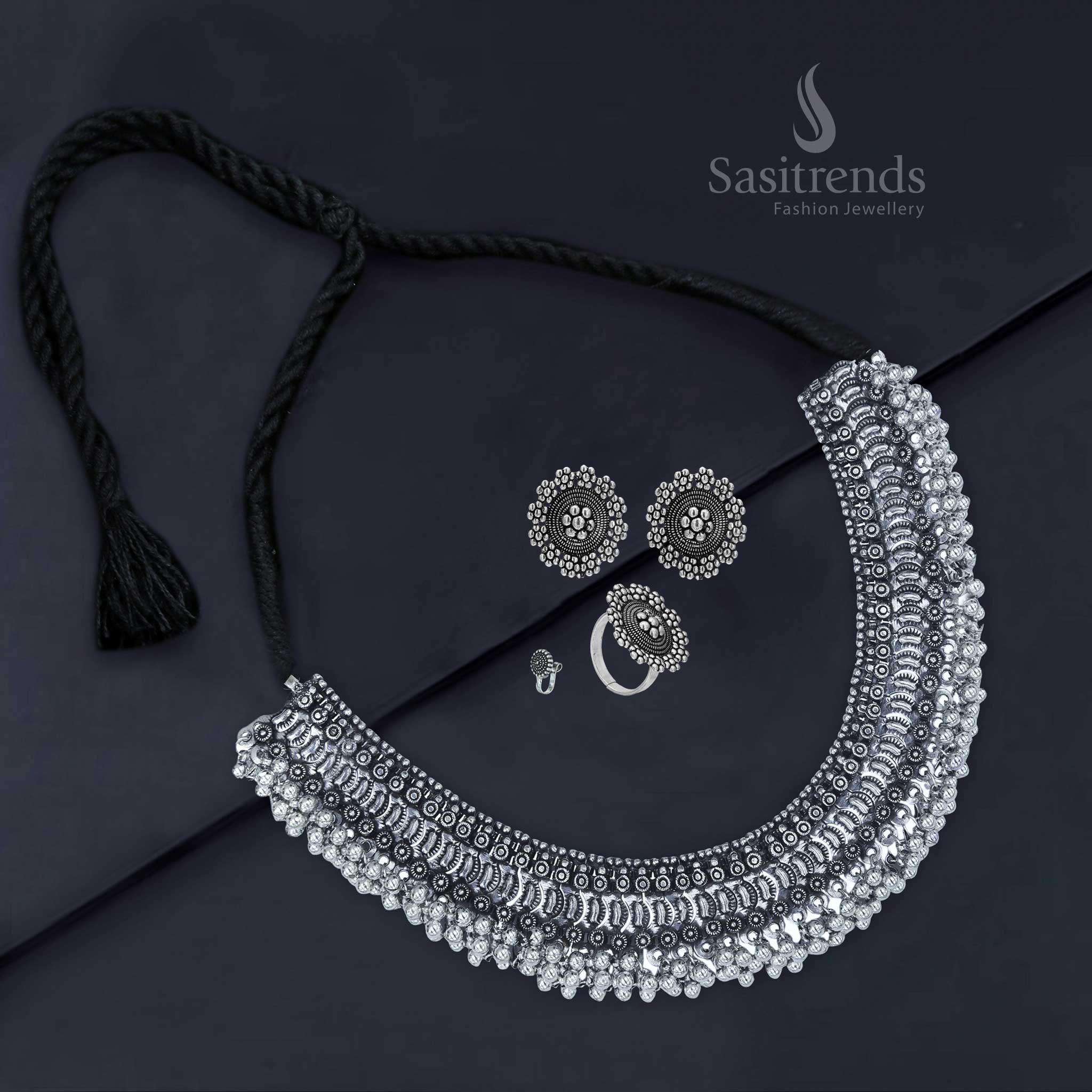 Mystic Maaya oxidised silver antique combo featuring a rounded choker, peacock design earrings, heritage nosepin, and vintage-style ring – Sasitrends