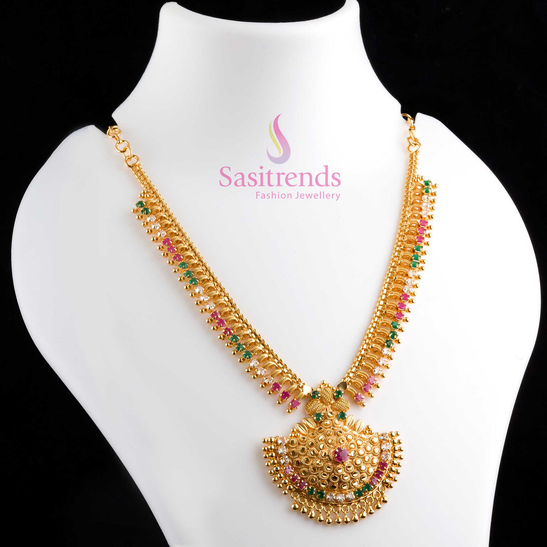 Vibrant multicolour Tilak-style micro gold plated necklace embellished with American diamond accents, offering a regal jewellery aesthetic for festive gatherings – Sasitrends